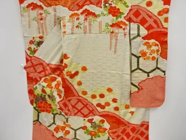 Japanese Kimono / Antique Furisode / Embroidery / Kinsai Shibori / Peony