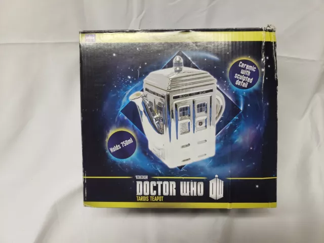 DR WHO DOCTOR TARDIS 50th ANNIVERSARY CHROME CERAMIC TEAPOT LARGE 7X7" 25 OUNCES