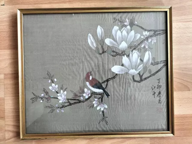 Vintage Framed Chinese Oriental Style Silk Hand Painted Picture Birds Flowers