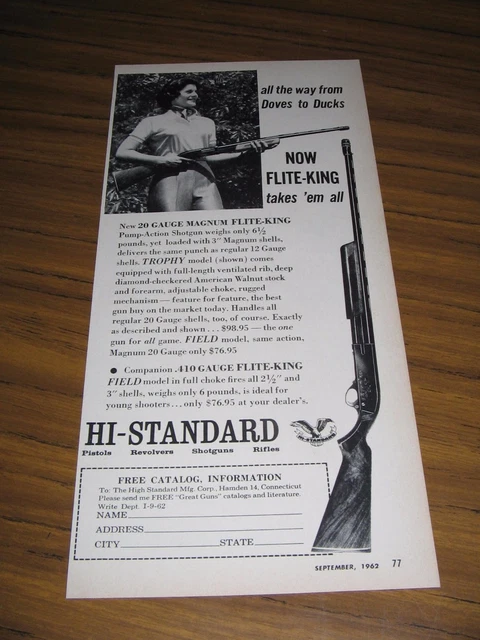 1962 Print Ad Hi-Standard 20 Gauge Magnum Flite-King Shotguns High Standard Mfg