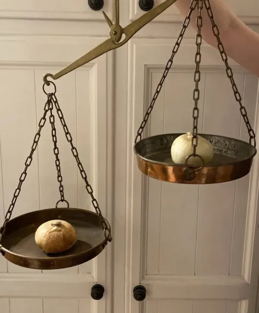 Vintage Rustic Metal Two Sided Hanging Balance Scale With Copper Trays On Chains