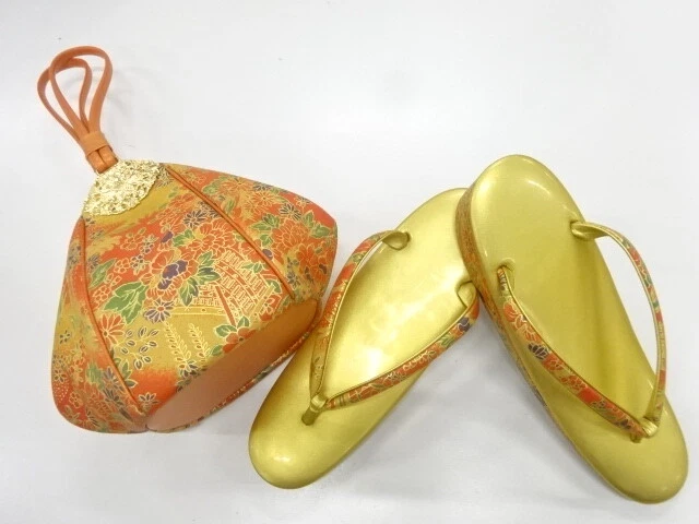 6573677:  JAPANESE KIMONO / BAG & ZORI (23 cm) SET / FLORAL PLANTS / BY KINSASHI