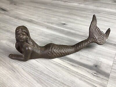 Cast Iron Laying Mermaid Sculpture Paperweight Shelf Sitter 9 3/4”