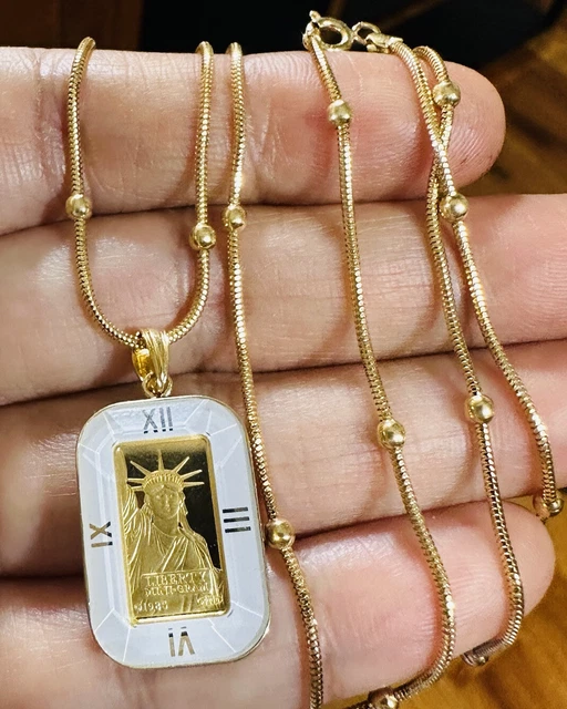 18K Fine 750 Saudi Real Gold Statue of Liberty Necklace 17.5” Long 2.5mm 8,9g 18K Fine 750 Saudi Real Gold Statue of Liberty Necklace 17.5” Long 2.5mm 8,9g