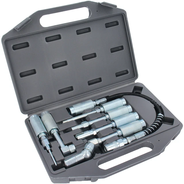 KIT DE 4 ACCESSOIRES POUR PISTOLET À GRAISSE - COUPLEUR 90°, ADAPTATEURS, BECS AIGUILLES - ACIER ARGENTÉ