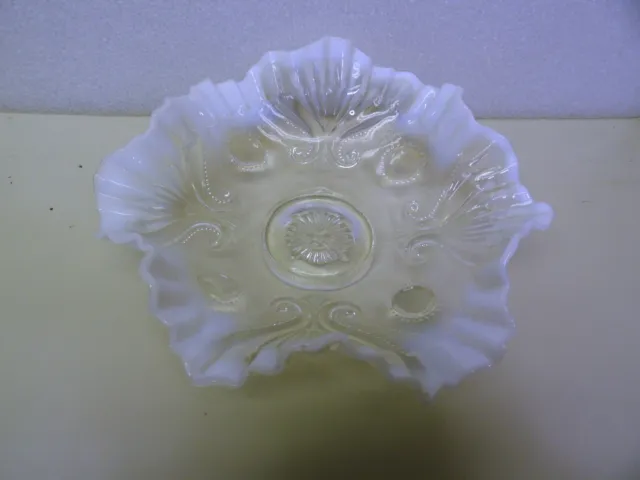 Antique Jefferson Glass "Jewel & Fan" White Opalescent Glass Bowl Crimp Edge