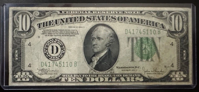 Series 1934 SERIES C $10 FRN LIME SEAL LIGHT GREEN SEAL LGS VF