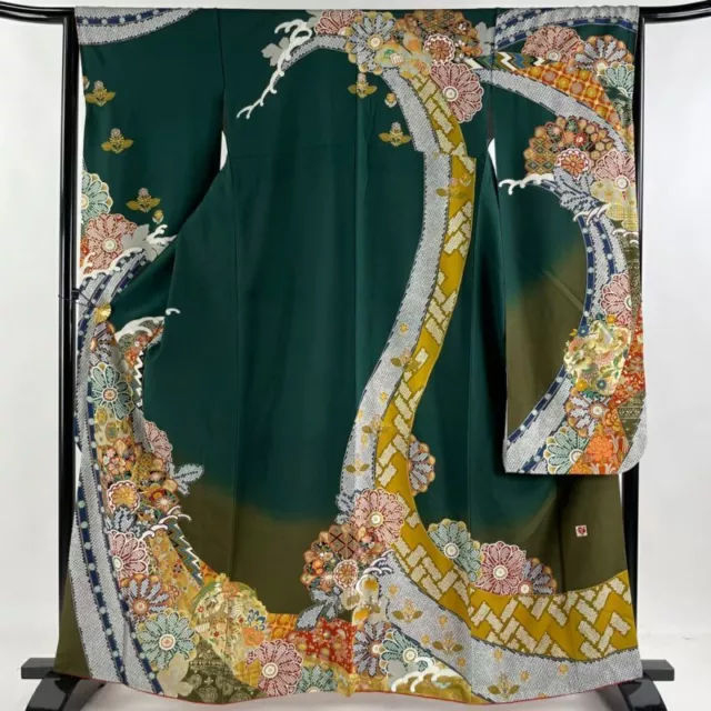JAPANESE KIMONO FURISODE LONG SLEEVES LADIES WOVEN SILK 100% GOLD COLOR 161.5cm