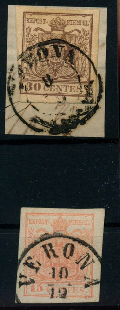 LOMBARDEI-VENETIEN 1850 2Stk.Marke:30C und 15C, Verschiedene VERONA