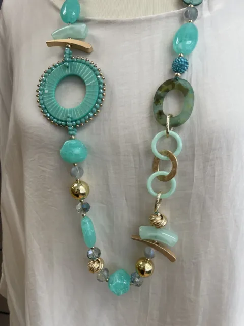 BNWT, ARTY, QUIRKY, LAGENLOOK, STATEMENT Aqua & Gold LONG NECKLACE-Waist Length