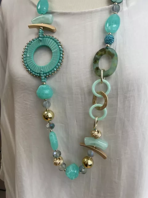 BNWT, ARTY, QUIRKY, LAGENLOOK, STATEMENT Aqua & Gold LONG NECKLACE-Waist Length