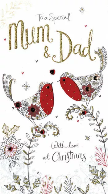 Hand Decorated Mum and Dad Robins Christmas Card – Detailed Luxury Xmas Card