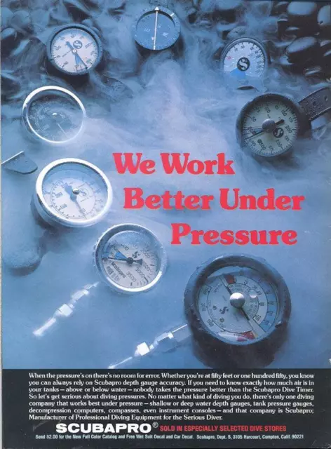 1978 ScubaPro PRINT AD Scuba Diver Diving Gauges - Depth Pressure Timer Compass