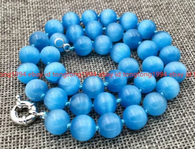 Natürlich 6/8/10/12/14mm Blau Opal Katzenauge Edelstein Perlen Halskette 18" AAA
