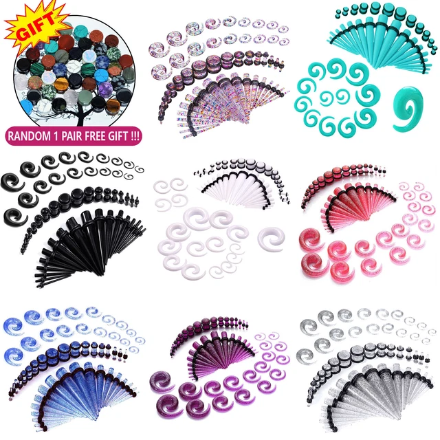 54PCS Ear Taper Stretching Gauges Kit 14G-00G Spiral Taper Plugs Body Piercing