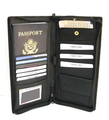 Black Genuine Leather Passport Cover Ticket Boarding Travel Organizer Wallet