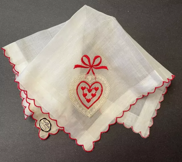 NOS Vintage CAROL STANLEY Valentines Day Hankie Red Hearts Lace Handkerchief