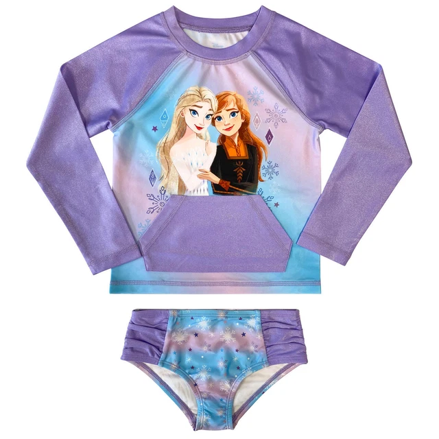DISNEY FROZEN ANNA & Elsa Swimsuit Girls Rash Guard Shirt Tankini Set