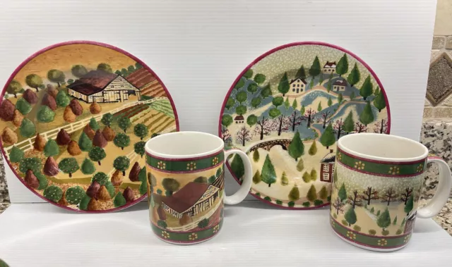 1995 Block  Gear 4 Seasons COUNTRY VILLAGE 8" Salad Plate & Mugs Fall & Winter