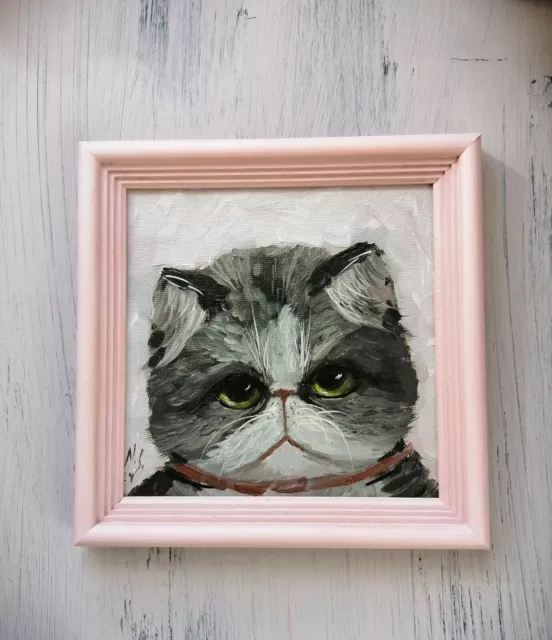 Exótico gato de pelo corto pintura al óleo original mascota arte 6x6" Sus...