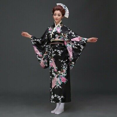 Women Faux Silk Kimono Yukata Dress Japanese Floral Robe Cosplay Costume Black