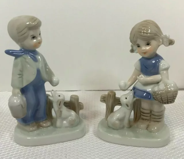 Vintage Boy & Girl Feeding Puppy Porcelain Glazed Figurines - Set of 2