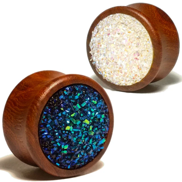Pair Wood Ear Plugs Druzy Stone Gauges Natural Organic Saddle Tunnels Earrings