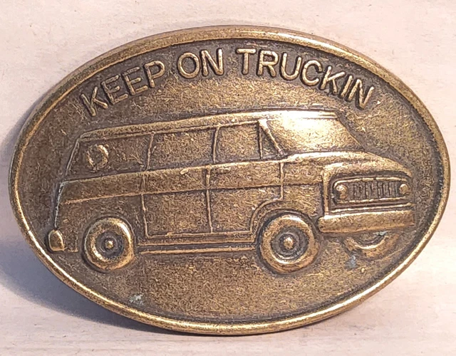 Vintage "Keep On Truckin" Brass Belt Buckle. Hot Rod Van. #-13