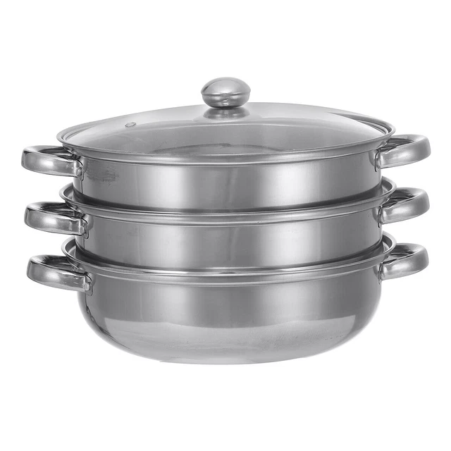 Juego de olla de vapor al vapor de acero inoxidable de tres niveles vidrio 28 cm