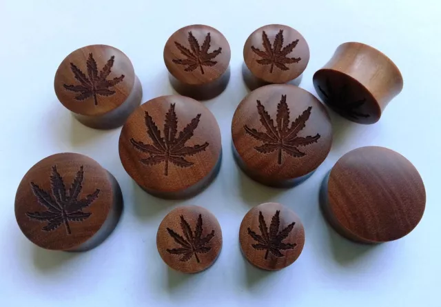 1 Pair HAND CARVED ORGANIC MARIJUANA POT LEAF Saba Wood Saddle Ear Plugs Gauges