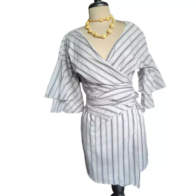 Wayf Dress Small White Wrap Blue Striped V Neck Layered Lagenlook Womens