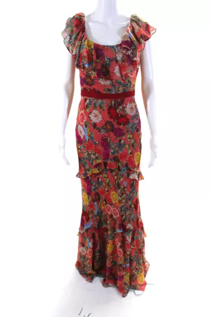 Saloni Womens Ella Floral Chiffon Ruffle Sleeveless Maxi Dress Coral Size 8