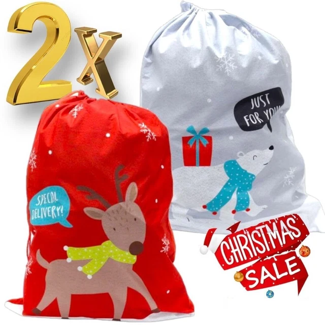 2Pcs Large Christmas Plush Santa Sack Drawstring 70x51cm  Xmas Present Gift Bags