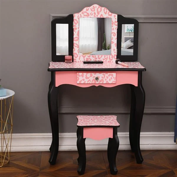 Safety Design Arc Feet Three-Fold Mirror 1 Drawer Children Dresser Leopard Print Safety Design Arc Feet Three-Fold Mirror 1 Drawer Children Dresser Leopard Print