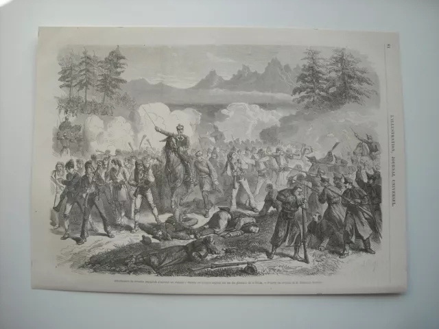 Gravure 1866. Detachement De Revoltes Espagnols Contre Troupes Royales Pre Ribas