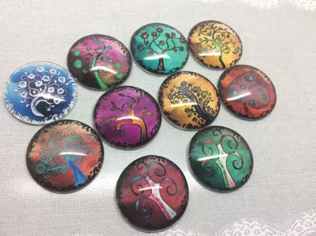 10 Colourful Trees Cabochons 16-25mm Mixed Round Glass Charm Dome Flat Back