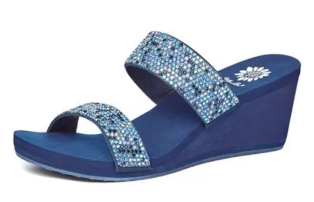 NEW Yellowbox Womens Wedge shoes rhinestone Flip Flops size 9.5 in navy sandals