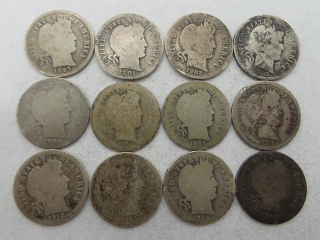Lot of 12 Barber Silver Dimes - Culls -1897-1916 B3533