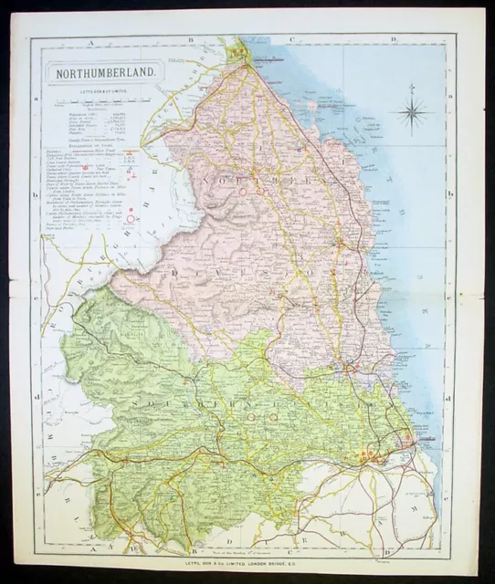 1884 Letts & Son Large Antique Map of Northumberland, England
