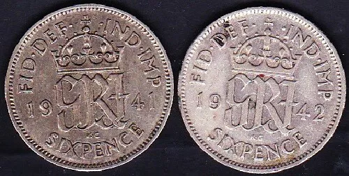 1941-42 Great Britain Six Pence Silver Coins Vf