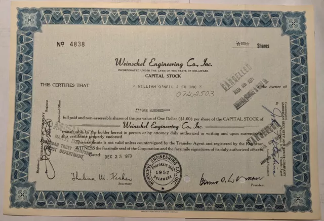 Weinschel Engineering Co. Inc 100 share Stock Certificate 1970 (E-4)