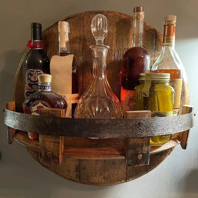 Bourbon Whiskey Barrel Shelf Wall Mounted Vintage Round Wine Rack Family Kitchen