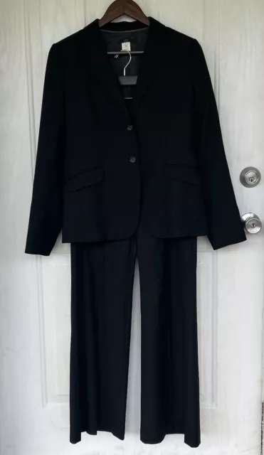 J Crew Womens Italian Wool Suit Set Size 8 Black Blazer & Wide Leg Trouser Pants