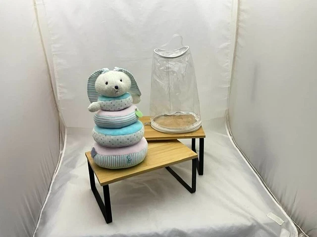 Obaibi jeu d'anneaux lapin bleu/rose rayures  en tissu dans son sac transparent