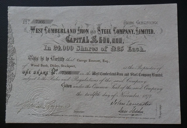 West Cumberland Iron & Steel Co. Ltd. £25 share certificate dated 1872