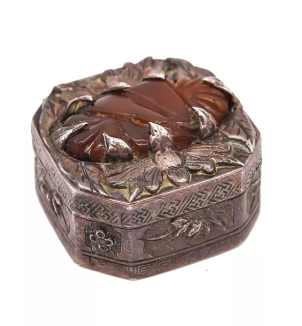 Victorian 1890 Chinese Export Stamps Octagonal Box In Sterling Silver With Jade