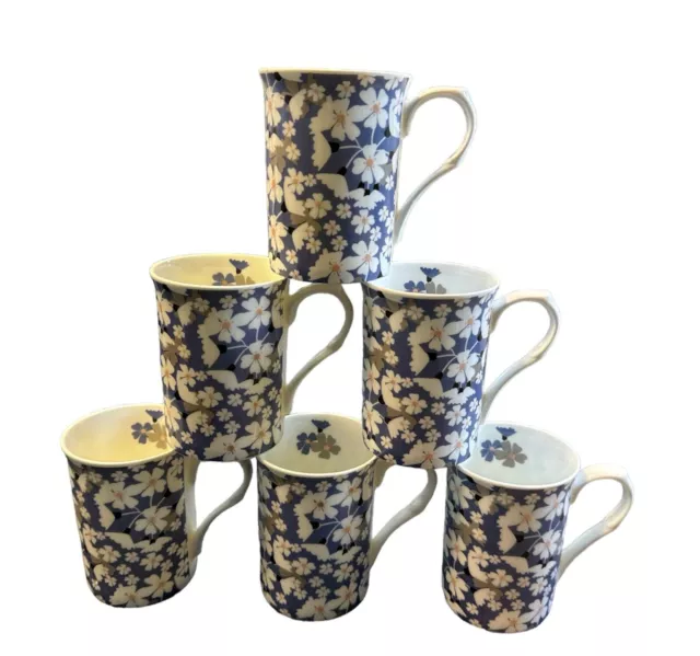 6 Daisy Flower Mugs Coffee Tea Fine Bone China Castle Shape