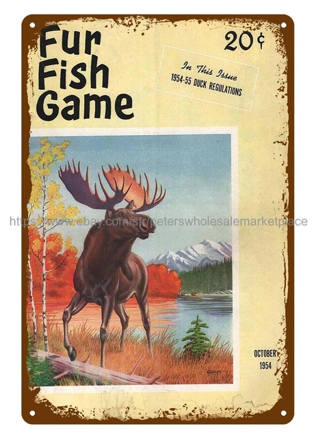 metal 1954 Fur Fish Game magazine cover moose water mountain metal tin sign