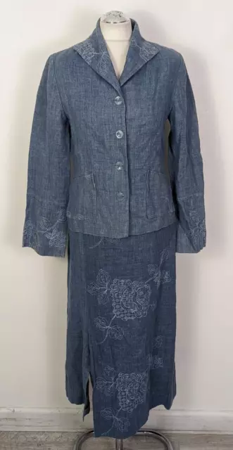 RENAISSANCE AVOCA Designer 2 Piece Blue Embroidered Ladies Skirt Suit. UK 10/12