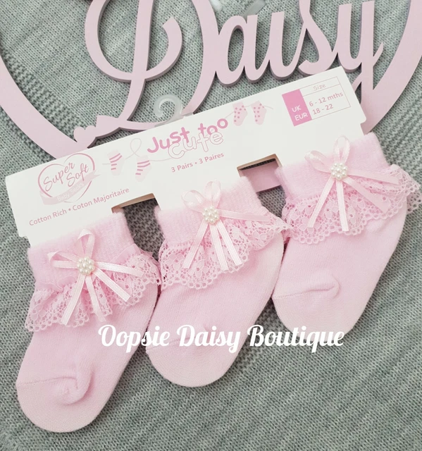 Baby Girls Pink Ribbon & Pearls Frilly Ankle Socks 3 Pack